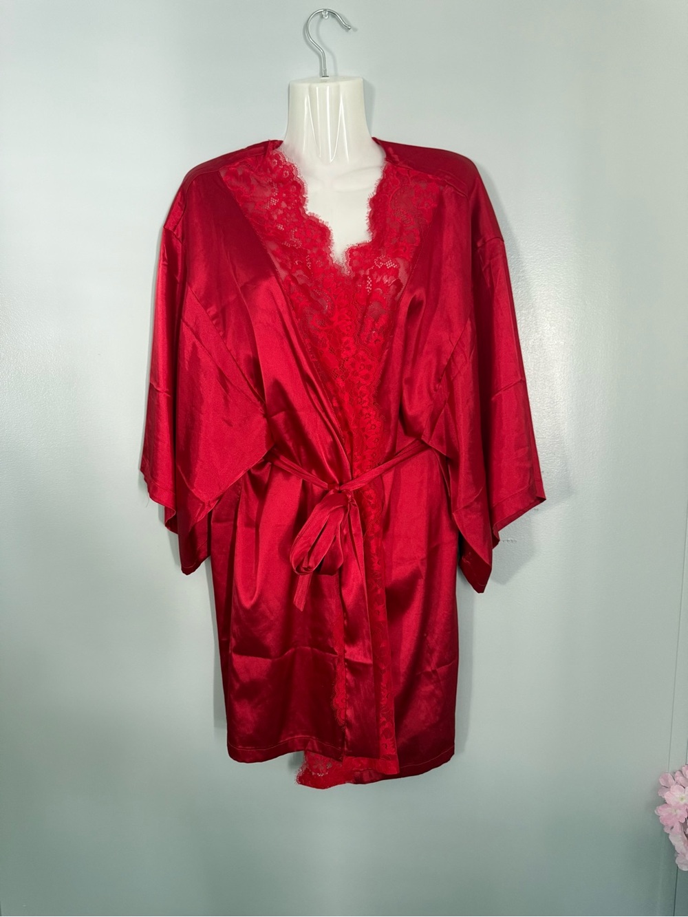 La SENZA Red Lace-Trim Satin Kimono Robe